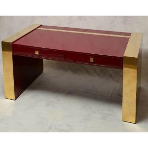 Executive Desk By Jean Claude Mahey - Lacquered Wood & Brass - Ca 1970
