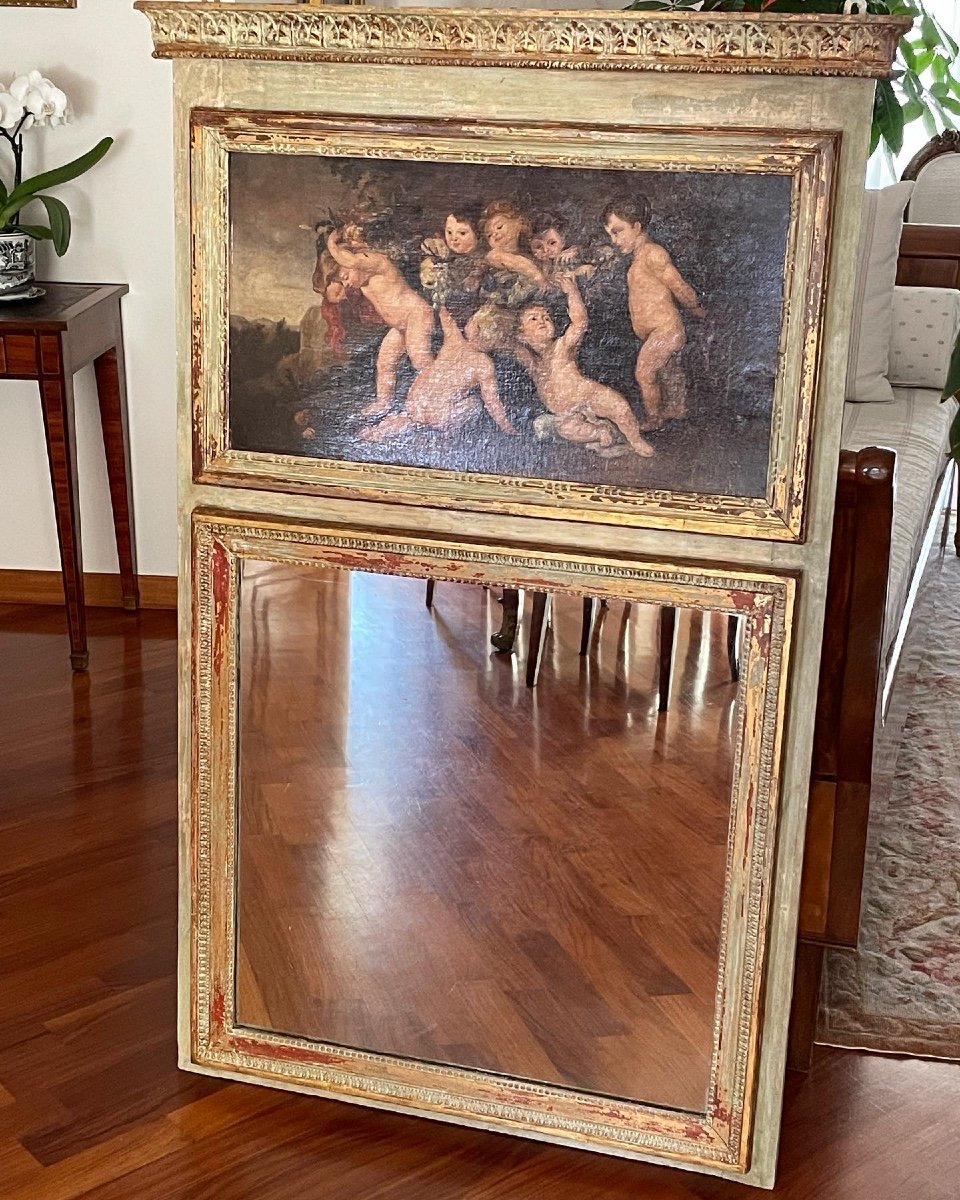 Trumeau Miroir De Style Louis XVI Avec Tableau Des Putti Peints 