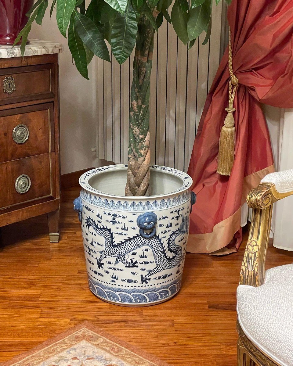 Large White And Blue Hand-painted Ceramic Vase Holder With Chinese Dragons-photo-2