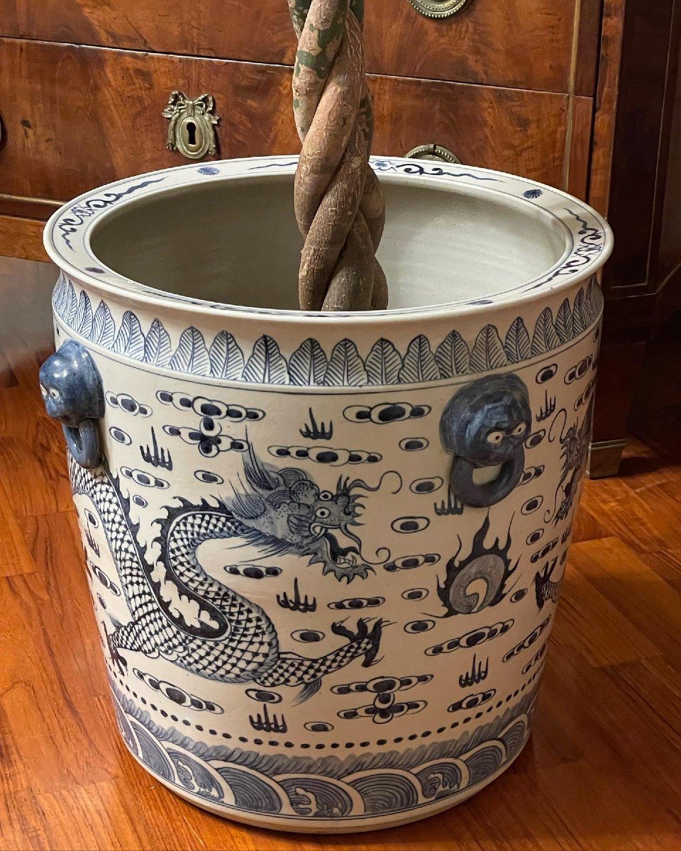 Large White And Blue Hand-painted Ceramic Vase Holder With Chinese Dragons-photo-3