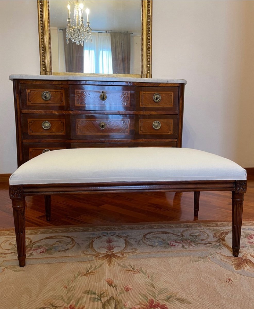 Louis XVI Style Solid Walnut Banquette Repadded And Covered By Us In Butter Linen.