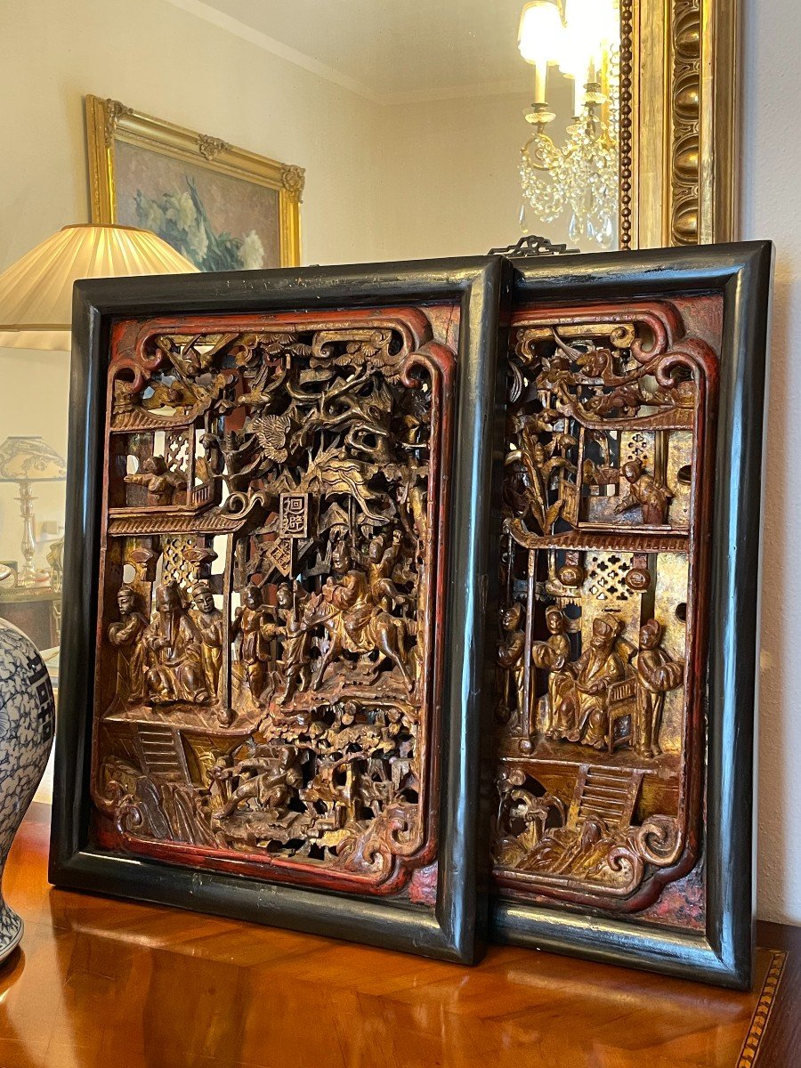 Pair Of Carved And Gilded Wooden Panels From China-photo-2