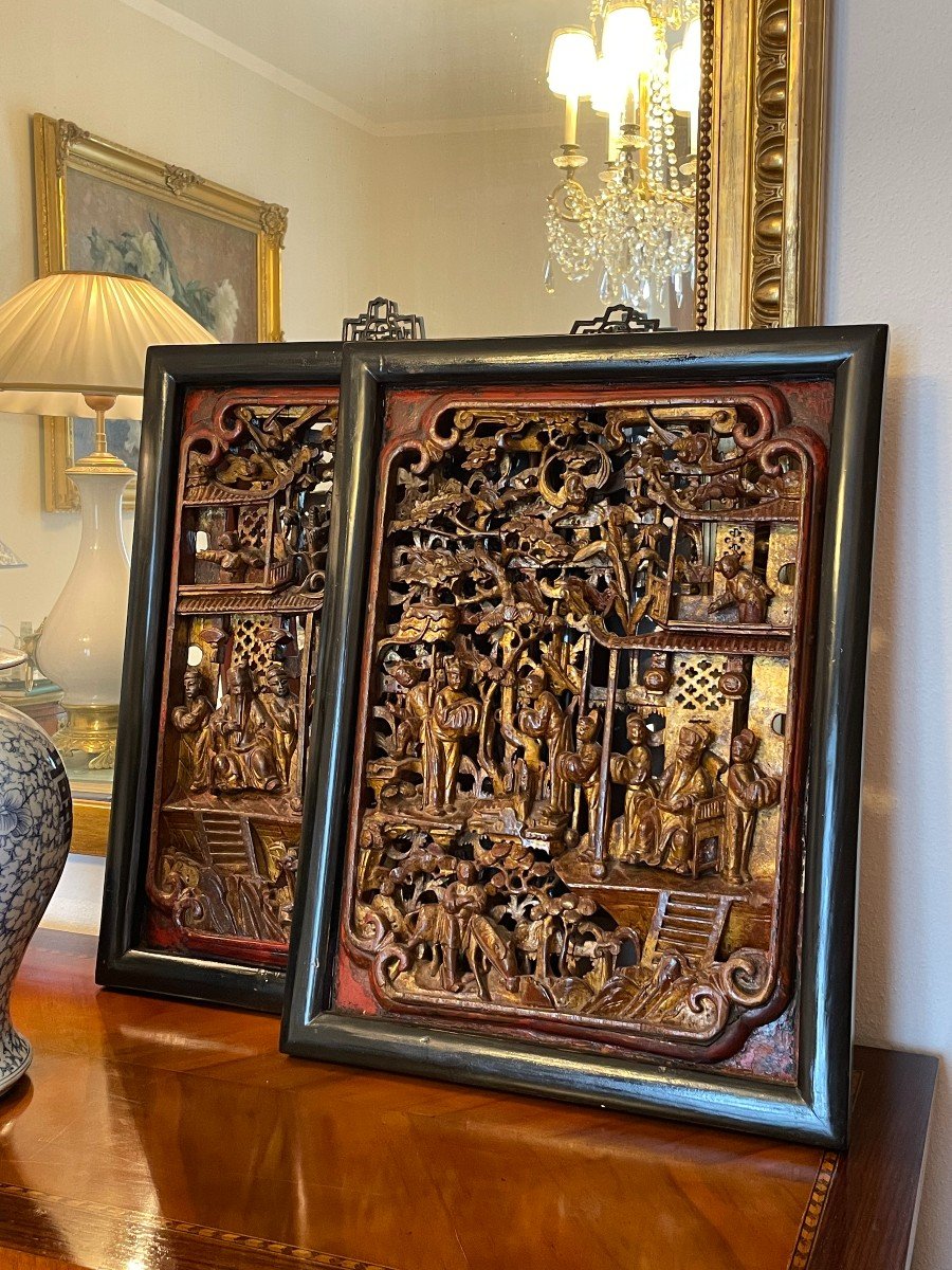 Pair Of Carved And Gilded Wooden Panels From China