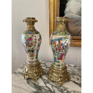 Paire de vases En Porcelaine De Canton Monté Bronze Doré D’époque Napoléon IlI