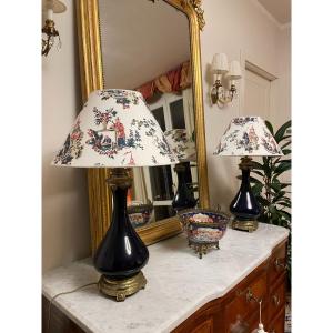 Pair Of Napoleon III Blue Opaline Glass And Gilded Bronze Lamps.