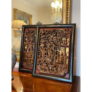 Pair Of Carved And Gilded Wooden Panels From China