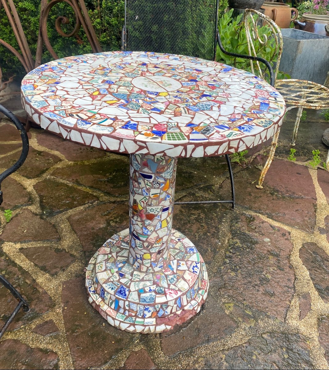 Picasiette Mosaic Pedestal Table 1950s Vintage 