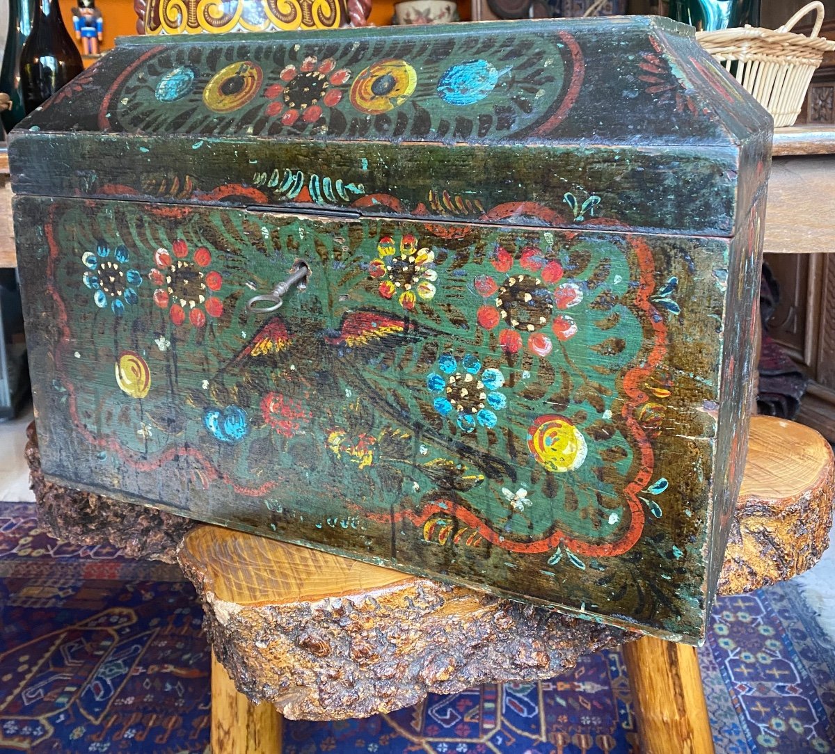 Small Painted Wedding Chest Folk Art -photo-3