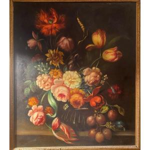 Huile Sur Toile Nature Morte Aux Fleurs Et Raisins XIXe