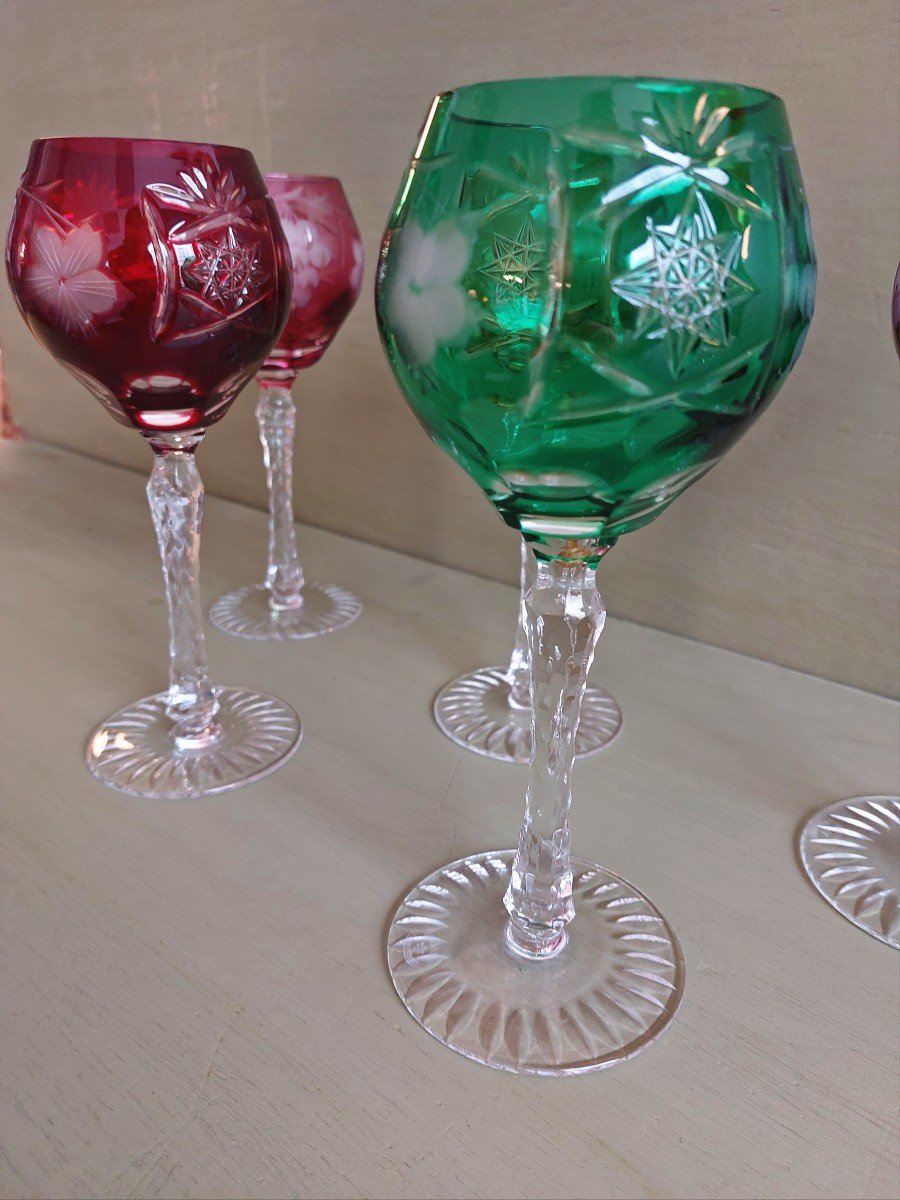 Cristal De Lorraine : Suite De 6 Verres à Vins Colorés. -photo-2