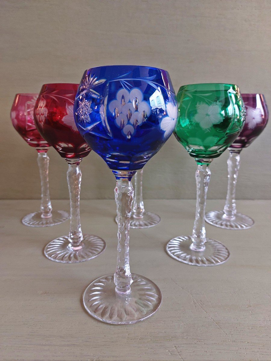 Cristal De Lorraine : Suite De 6 Verres à Vins Colorés. -photo-4