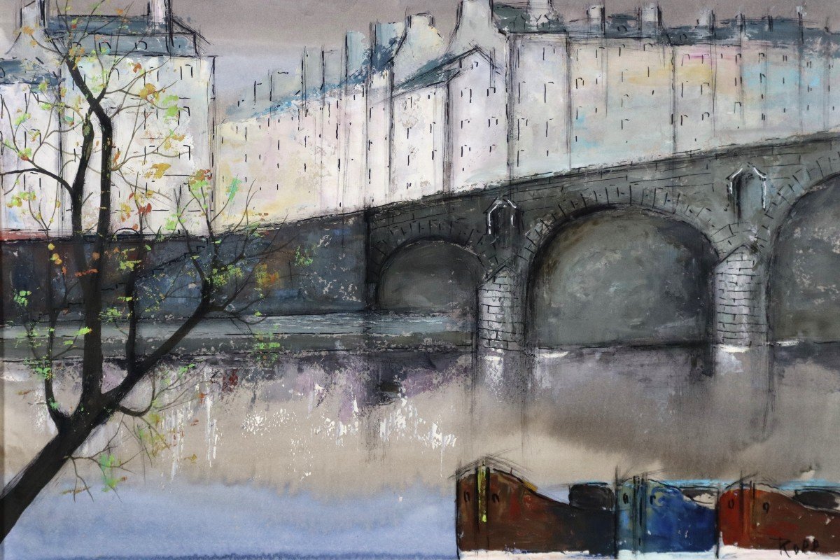 Jean Roll (1921-2015) Tableau Huile Sur Papier "le Pont Marie ", XXe-photo-3