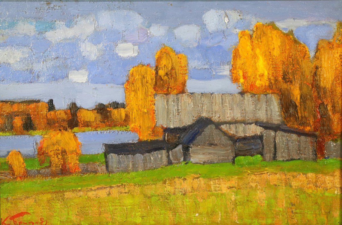 Kim Britov (1925-2010), Oil On Bristol "farm By The Water", Twentieth-photo-2