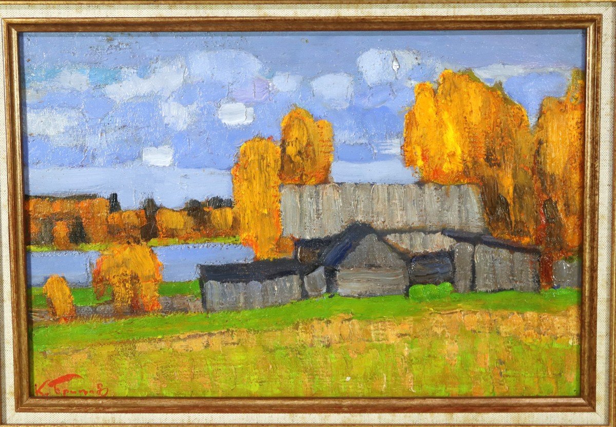 Kim Britov (1925-2010), Oil On Bristol "farm By The Water", Twentieth-photo-3