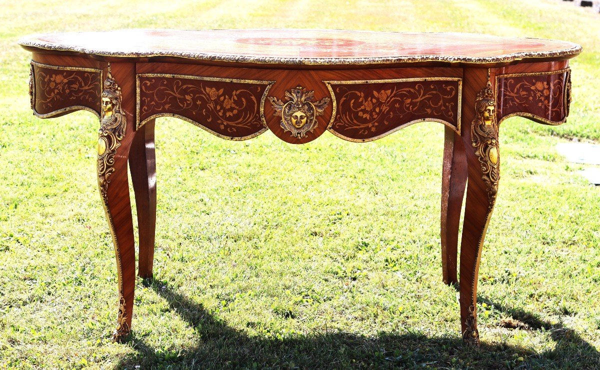 Fiddle Shape Marquetry Desk Table, Style, 20th Century-photo-2