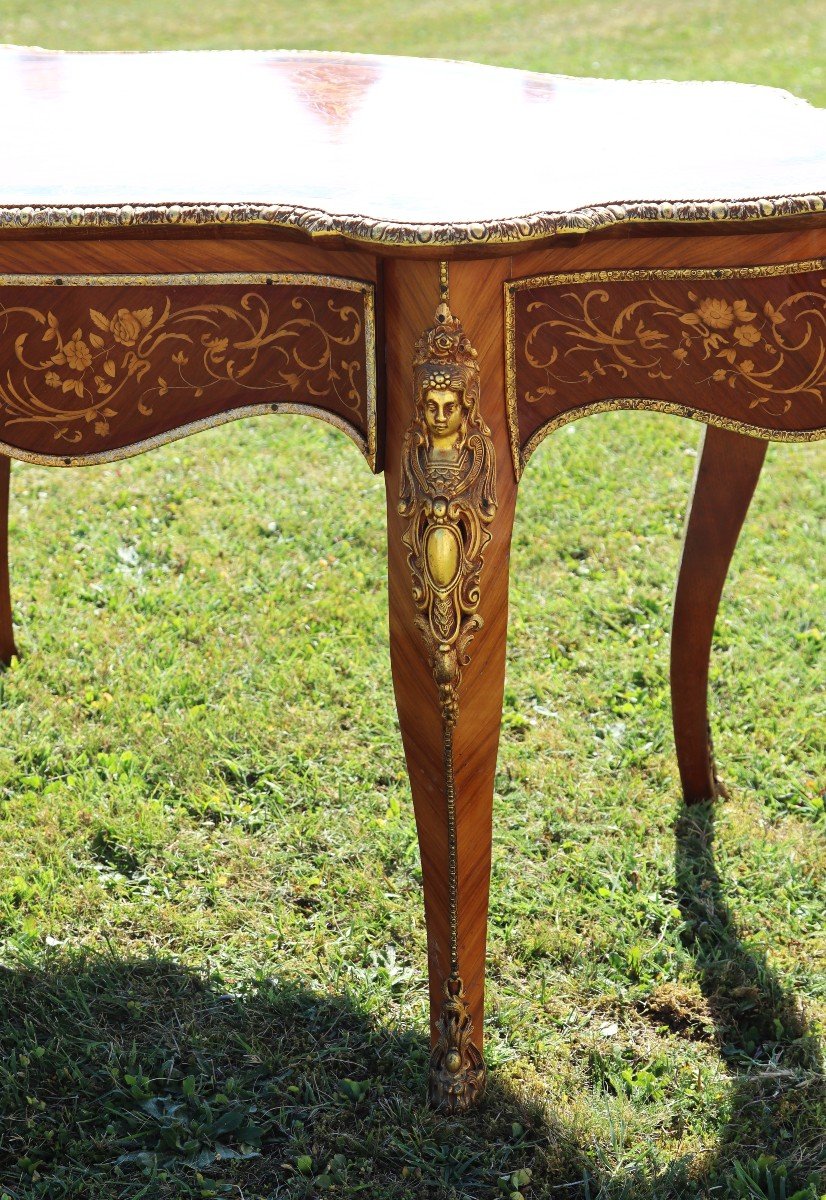 Fiddle Shape Marquetry Desk Table, Style, 20th Century-photo-3