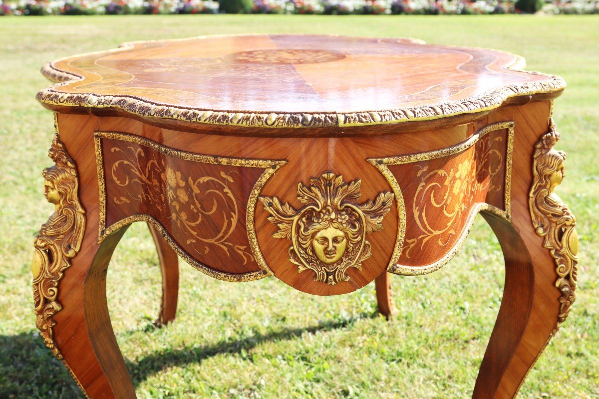 Fiddle Shape Marquetry Desk Table, Style, 20th Century-photo-2