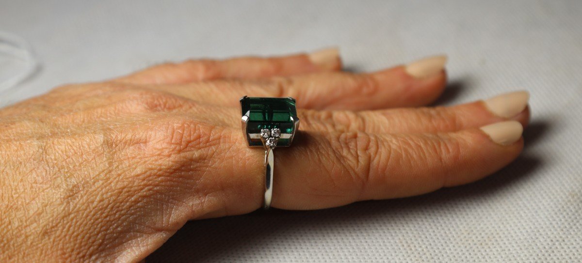 Bague En Or Gris Et Platine Sertie d'Une Tourmaline, XXe-photo-4