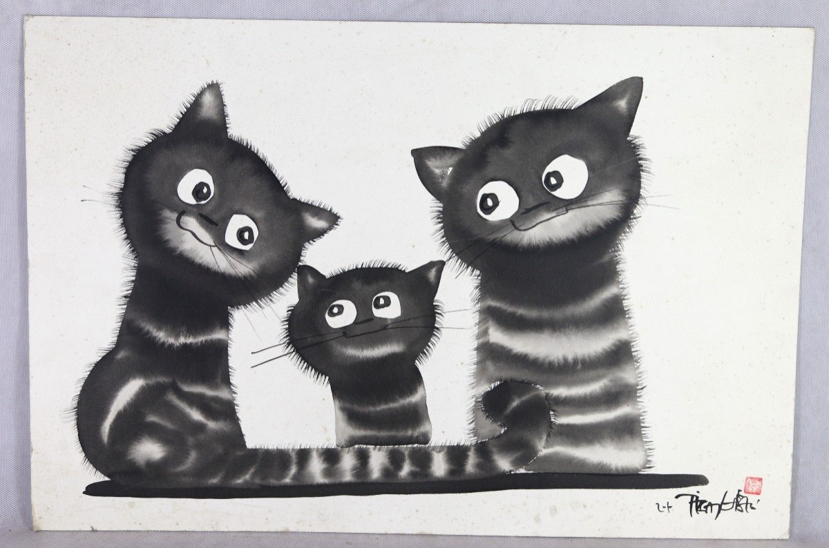 Laszlo Tibay (1962), Encre "les Trois Chats ", XXe