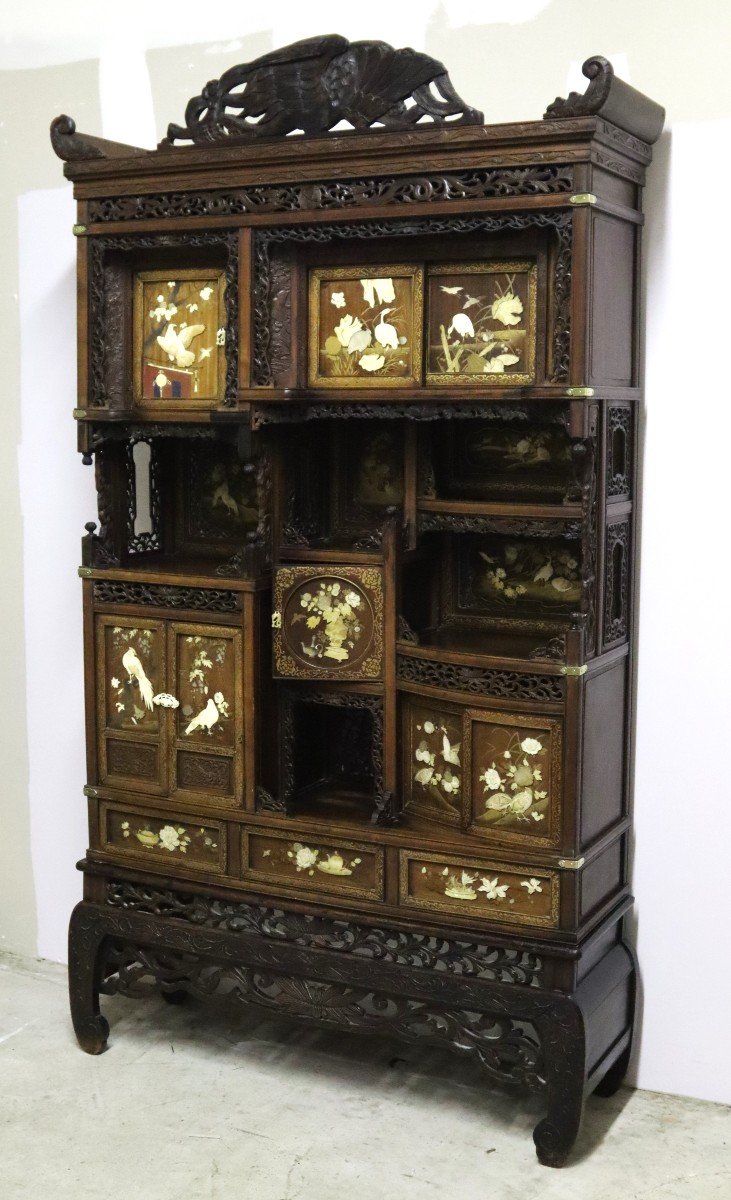 Japan, Meiji Period, "karazidana" Type Wooden And Shibayama Cabinet, 19th Century-photo-2