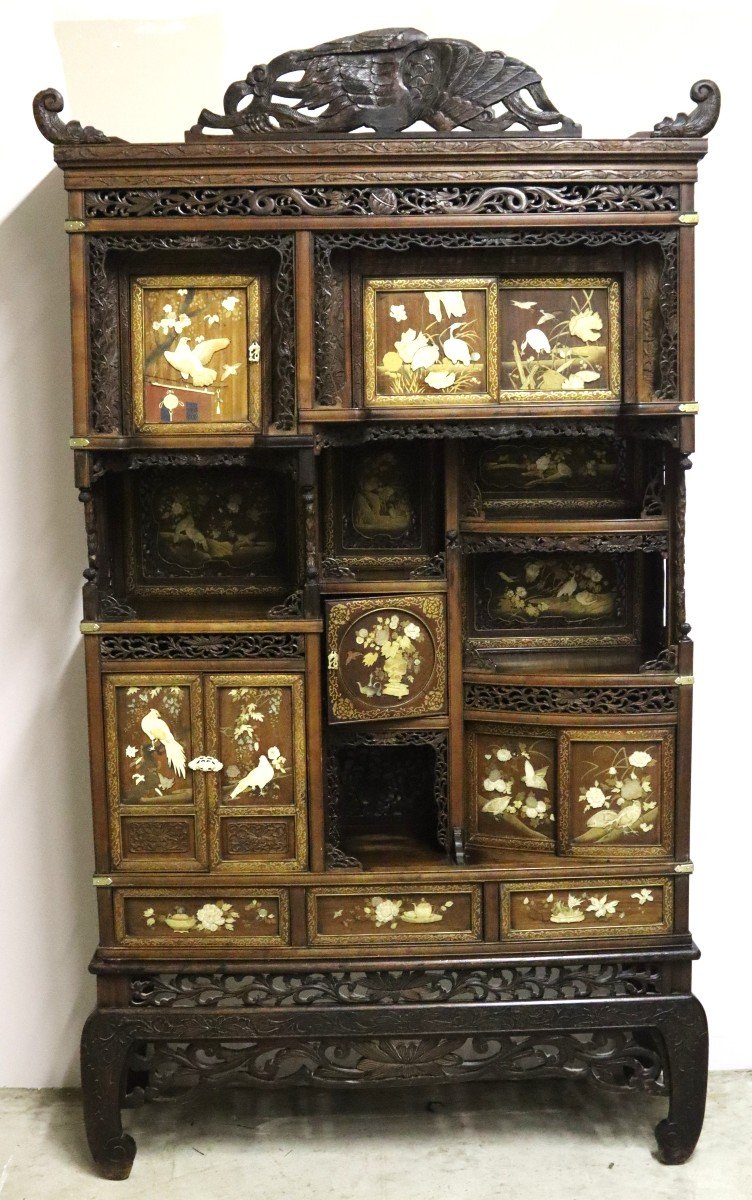 Japan, Meiji Period, "karazidana" Type Wooden And Shibayama Cabinet, 19th Century