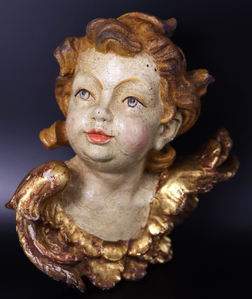 Paire De Têtes d'Angelots En Bois Polychrome Et Doré, XIXe-photo-6