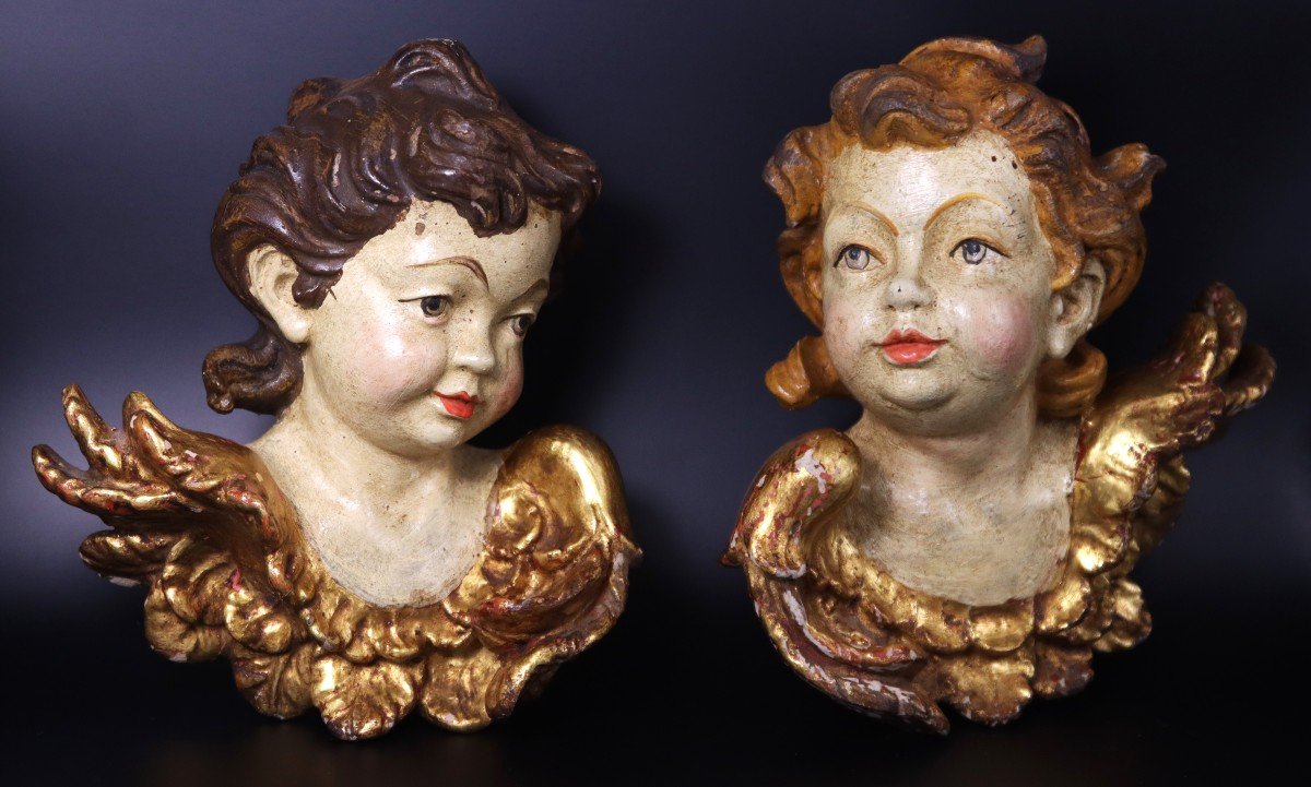 Paire De Têtes d'Angelots En Bois Polychrome Et Doré, XIXe