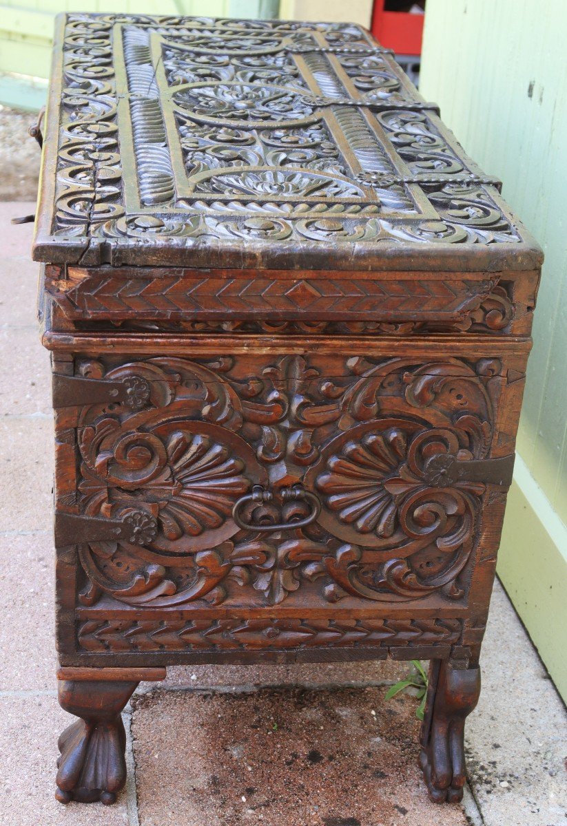 Spain 17th Century, Carved Wooden Chest.-photo-4