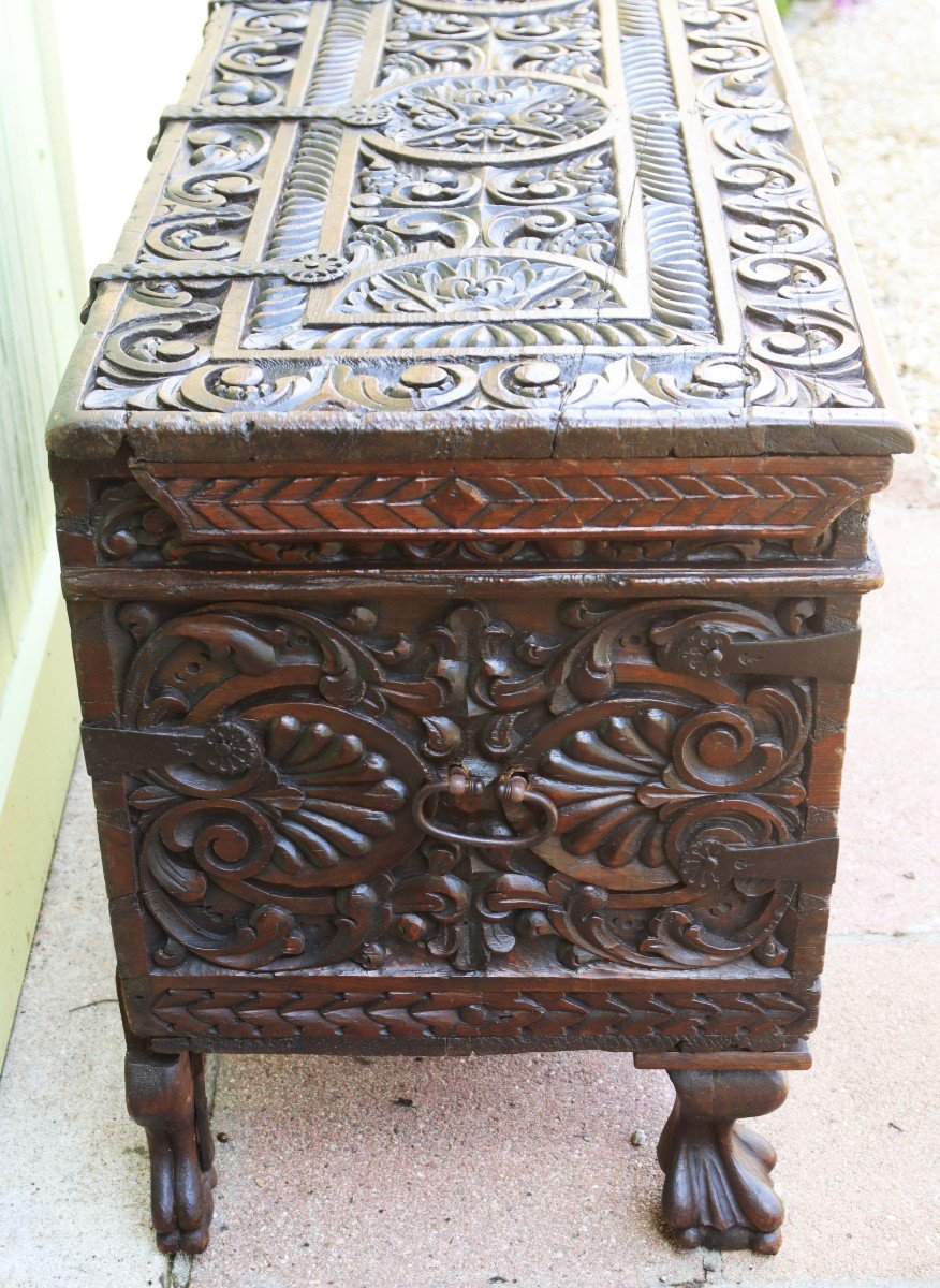 Spain 17th Century, Carved Wooden Chest.-photo-1
