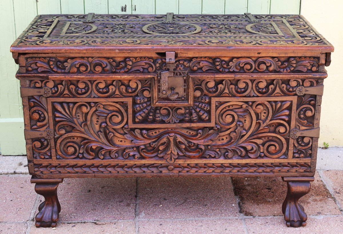 Spain 17th Century, Carved Wooden Chest.