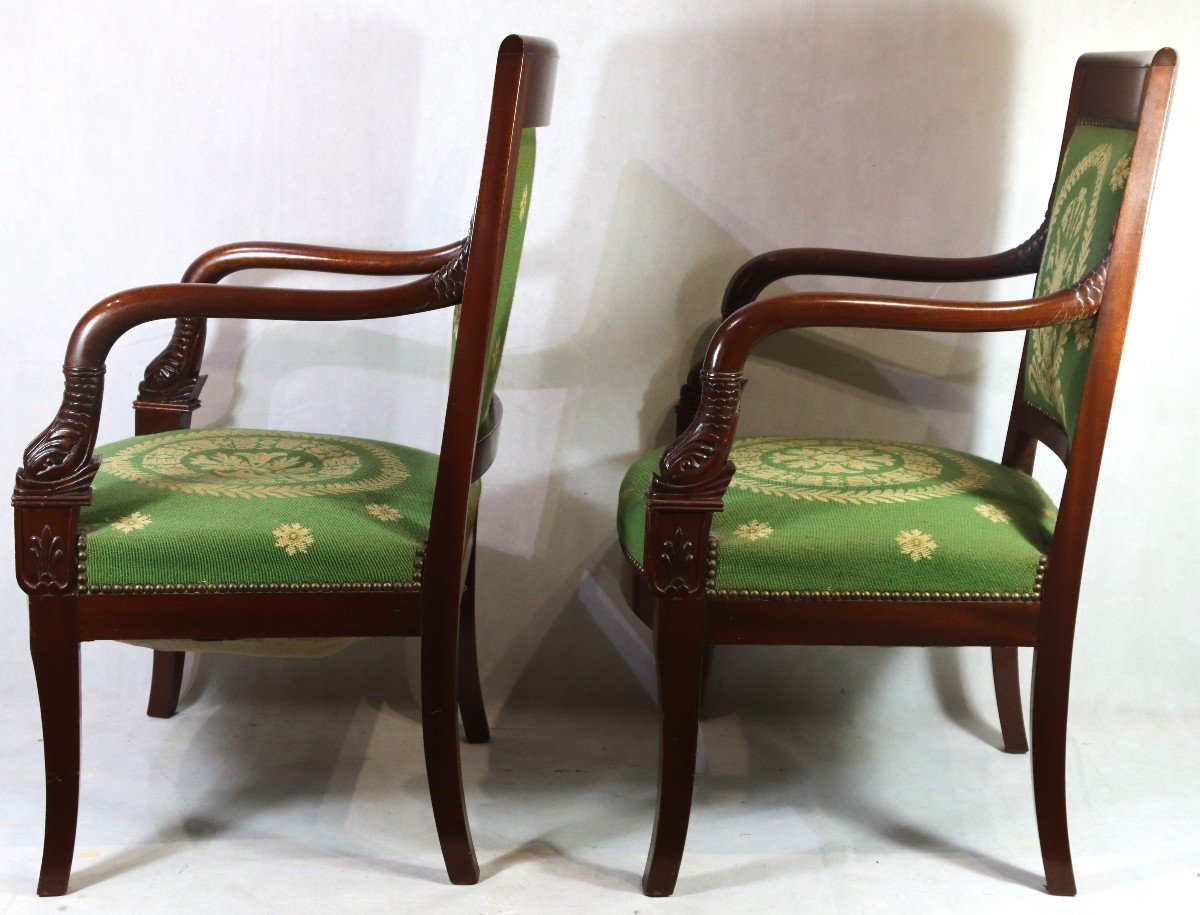 Pair Of "dolphins" Mahogany Armchairs, Empire Period, 19th Century-photo-2