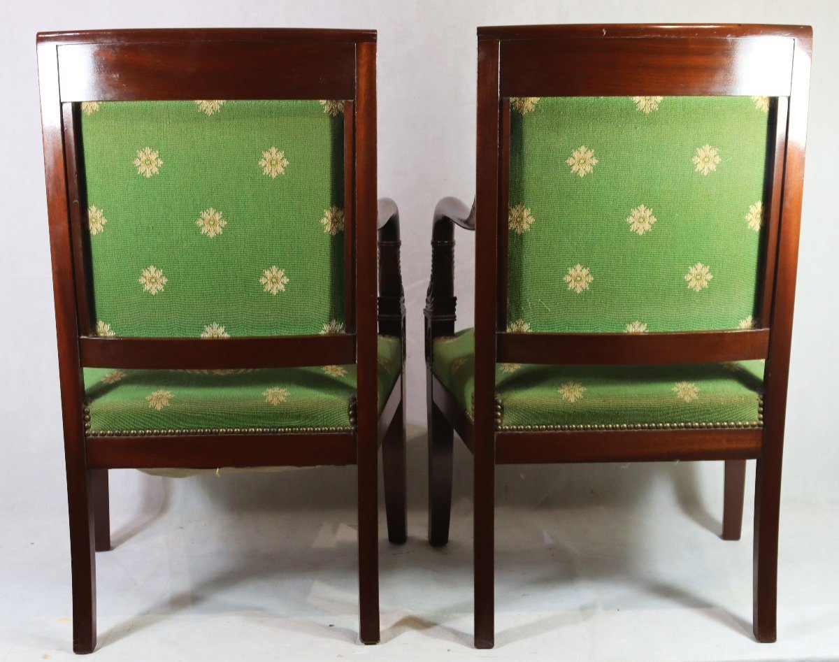 Pair Of "dolphins" Mahogany Armchairs, Empire Period, 19th Century-photo-3