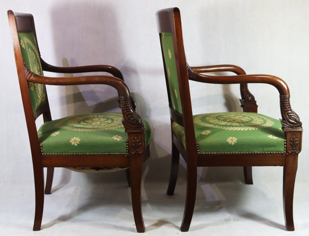 Pair Of "dolphins" Mahogany Armchairs, Empire Period, 19th Century-photo-4