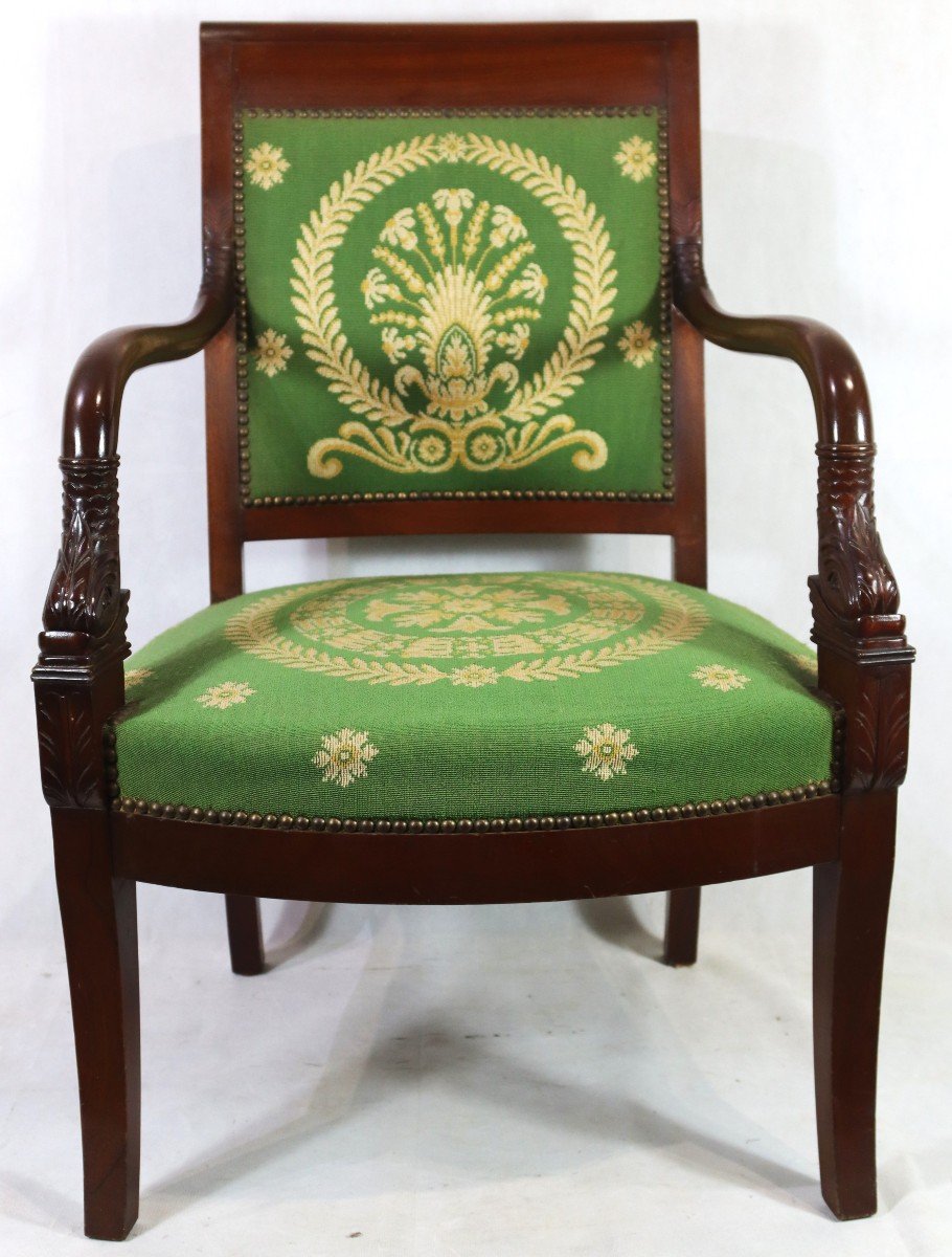 Pair Of "dolphins" Mahogany Armchairs, Empire Period, 19th Century-photo-3