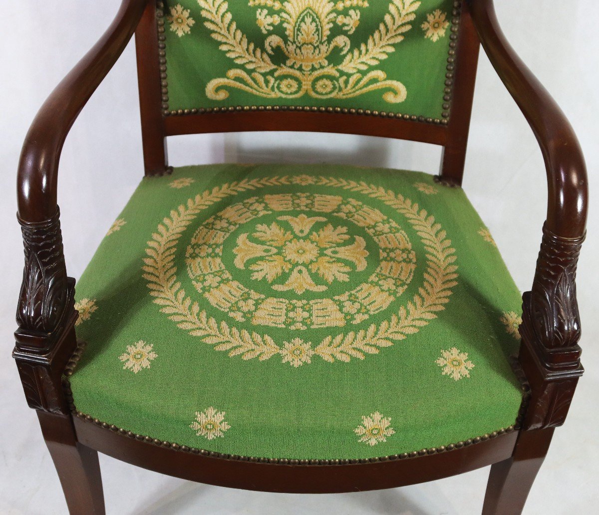 Pair Of "dolphins" Mahogany Armchairs, Empire Period, 19th Century-photo-4