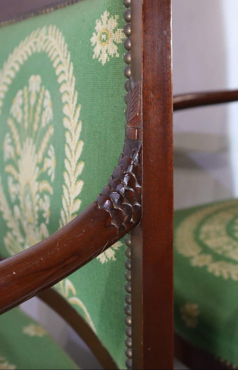 Pair Of "dolphins" Mahogany Armchairs, Empire Period, 19th Century-photo-7