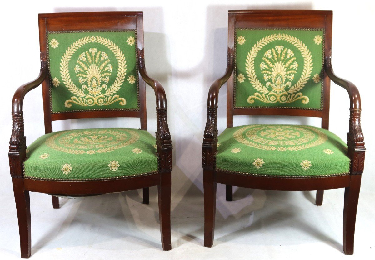 Pair Of "dolphins" Mahogany Armchairs, Empire Period, 19th Century-photo-8