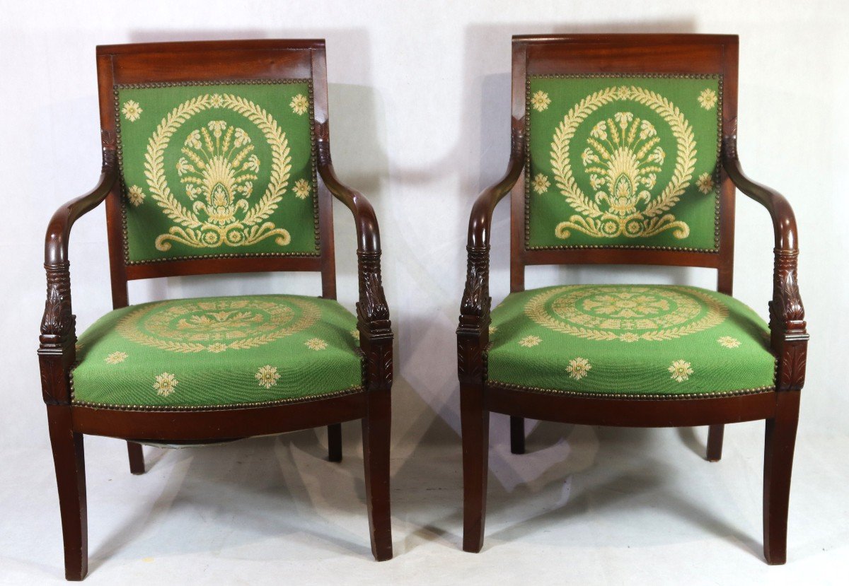 Pair Of "dolphins" Mahogany Armchairs, Empire Period, 19th Century