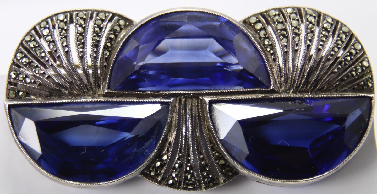 Art Deco Brooch In Silver And Tanzanite, Circa 1920, Signed-photo-2