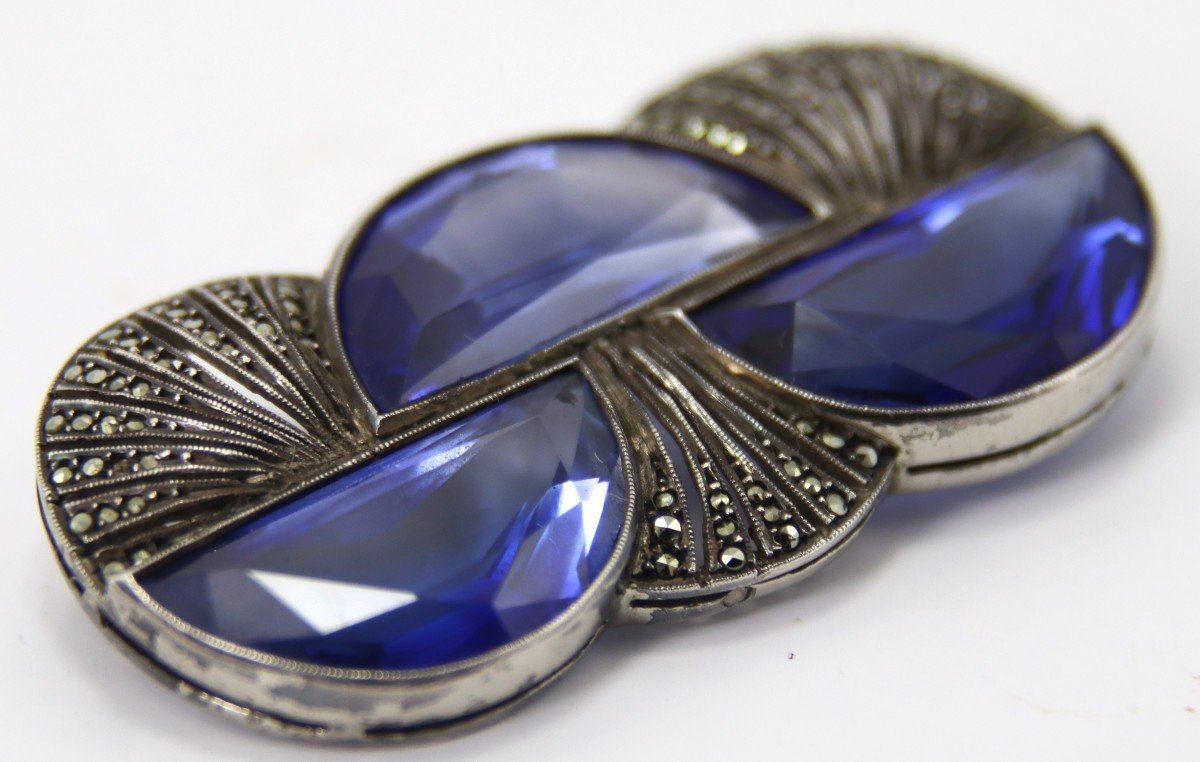 Art Deco Brooch In Silver And Tanzanite, Circa 1920, Signed-photo-4