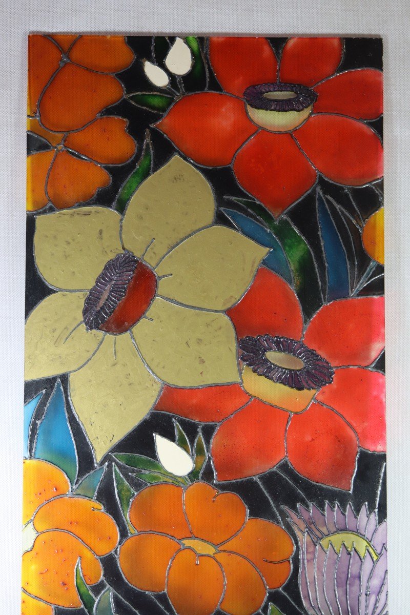 Painted Glass Panel Floral Decor, 20th Century-photo-1