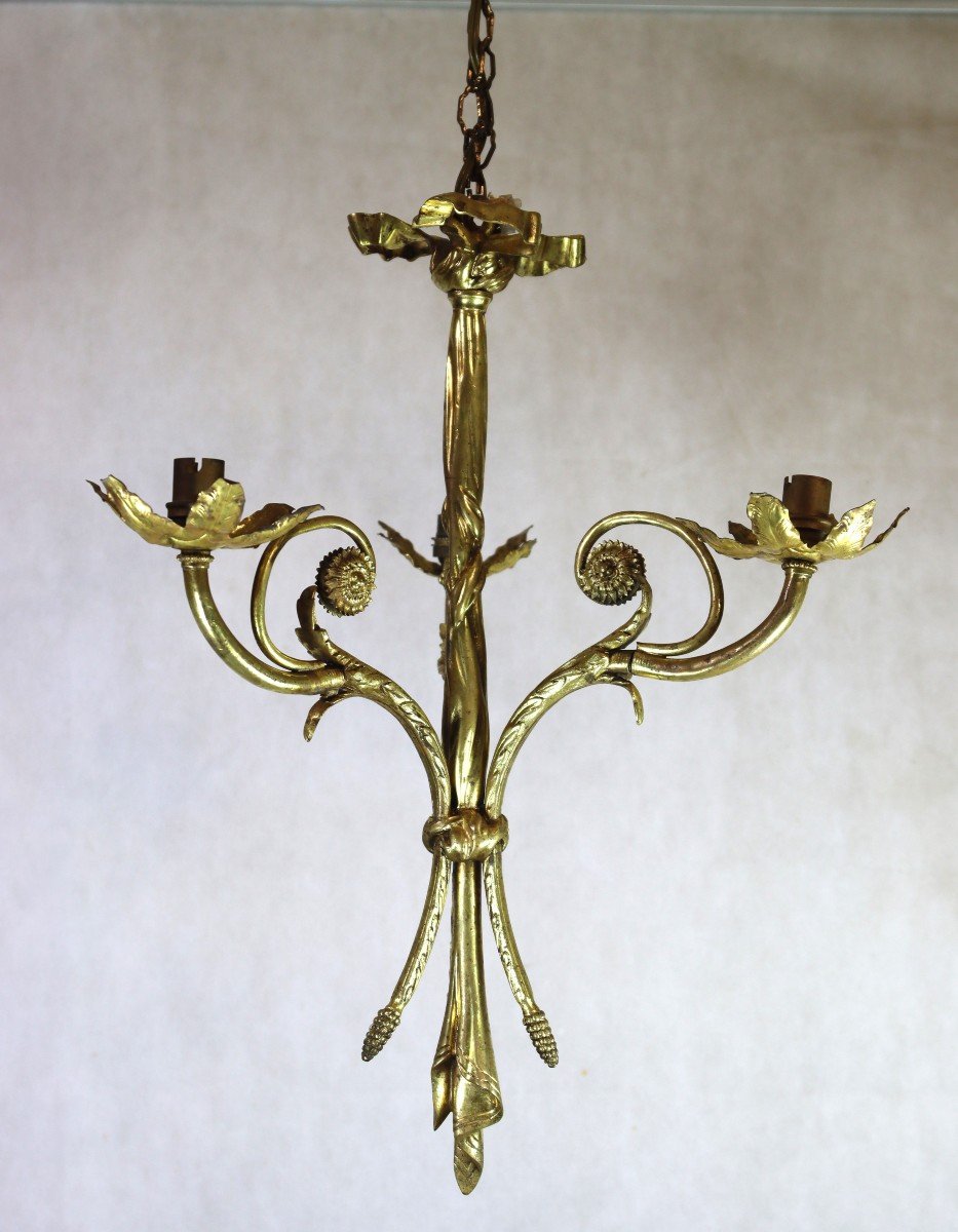 Lustre En Bronze Doré, époque Art Nouveau, Fin XIXe