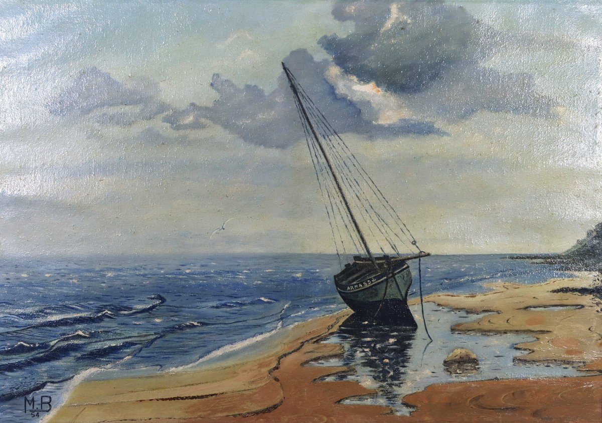 Hst Painting "failed Sailboat", Monogrammed And Dated 54, 20th-photo-2