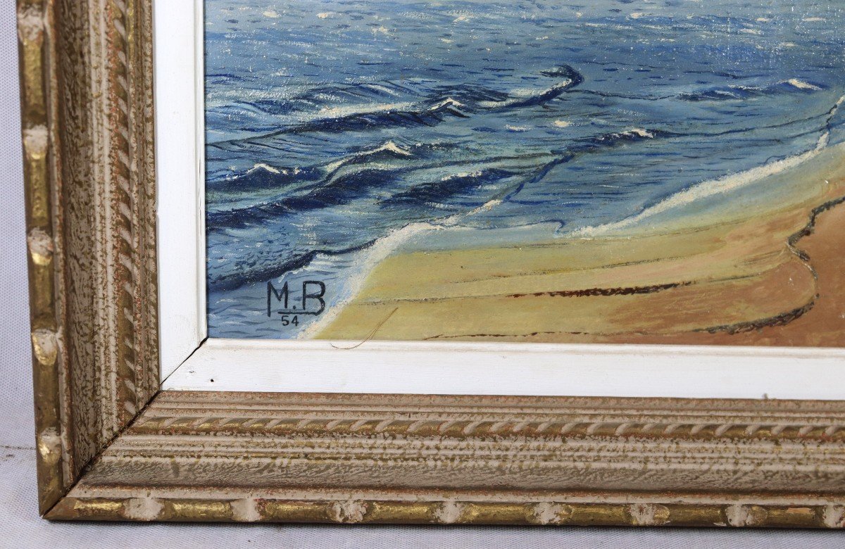 Hst Painting "failed Sailboat", Monogrammed And Dated 54, 20th-photo-4
