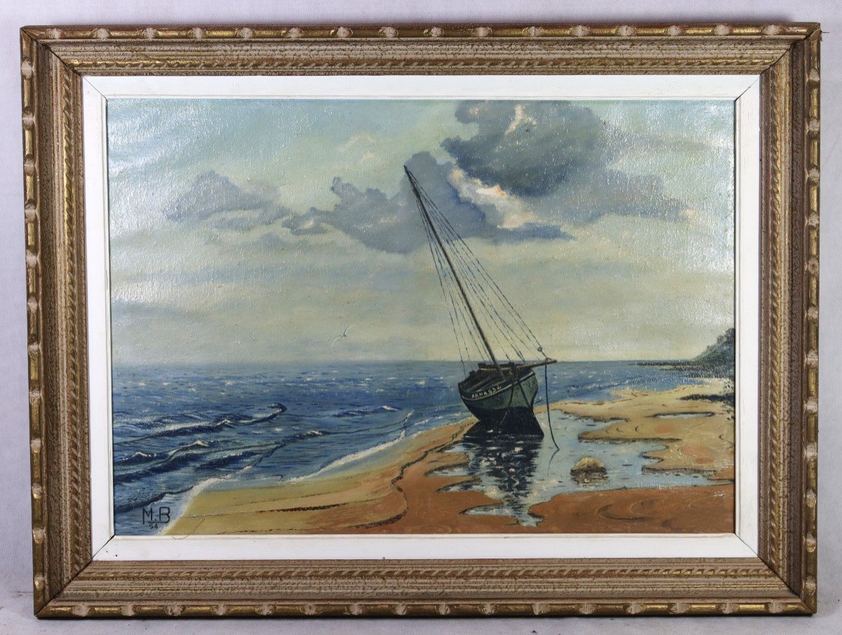 Hst Painting "failed Sailboat", Monogrammed And Dated 54, 20th
