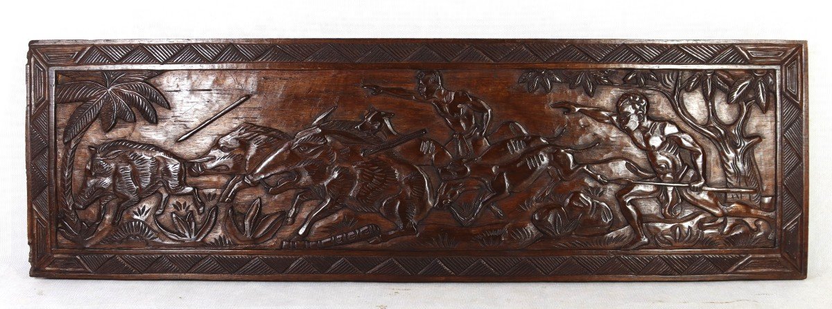 Pair Of Carved Wooden Bas-reliefs "wild Boar And Crocodile Hunting", 20th Century-photo-2