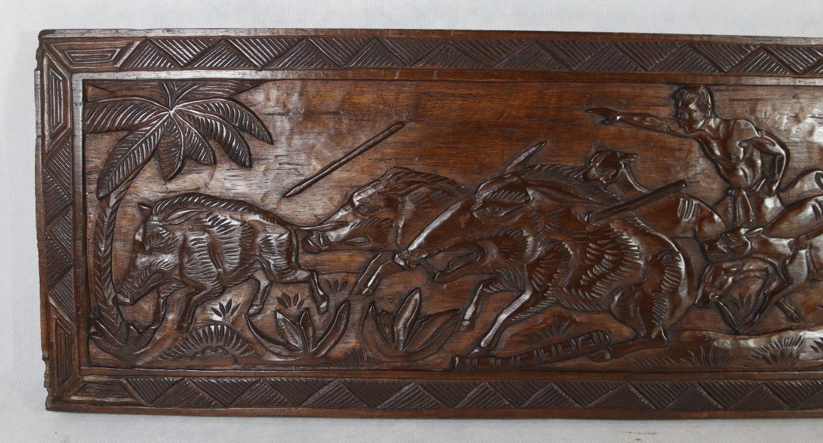 Pair Of Carved Wooden Bas-reliefs "wild Boar And Crocodile Hunting", 20th Century-photo-3