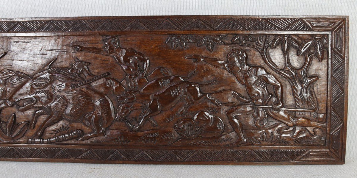 Pair Of Carved Wooden Bas-reliefs "wild Boar And Crocodile Hunting", 20th Century-photo-4