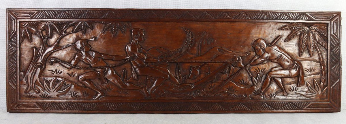 Pair Of Carved Wooden Bas-reliefs "wild Boar And Crocodile Hunting", 20th Century-photo-1