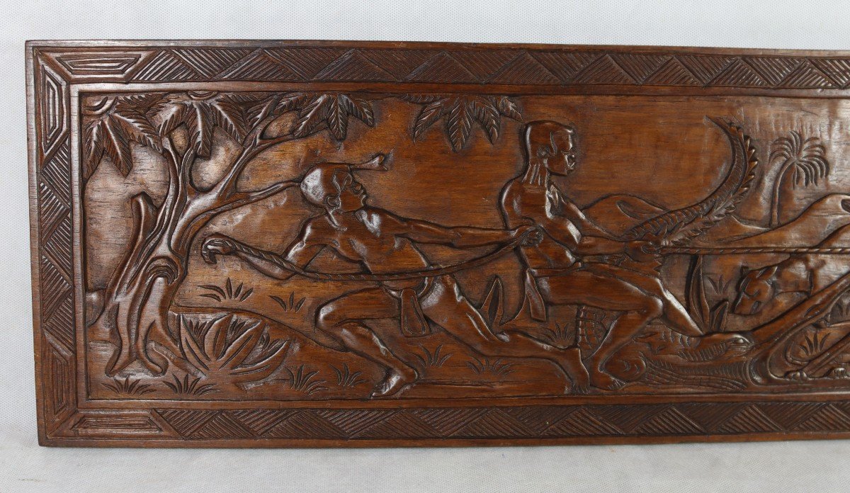 Paire De Bas-relief En Bois Sculptés " La Chasse Au Sanglier Et Crocodile ", XXe-photo-2